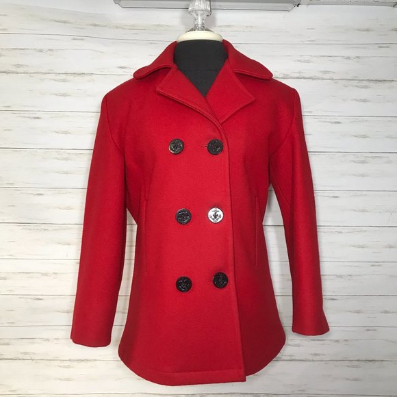 Vtg USA Lands' End Direct Merchants Red Wool Anchor Button Peacoat Jacket 8 S - Picture 1 of 14
